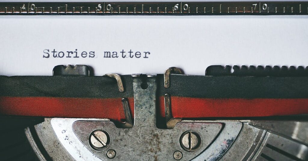Close-up of a vintage typewriter with the text 'Stories matter' typed on paper, evoking nostalgia.
